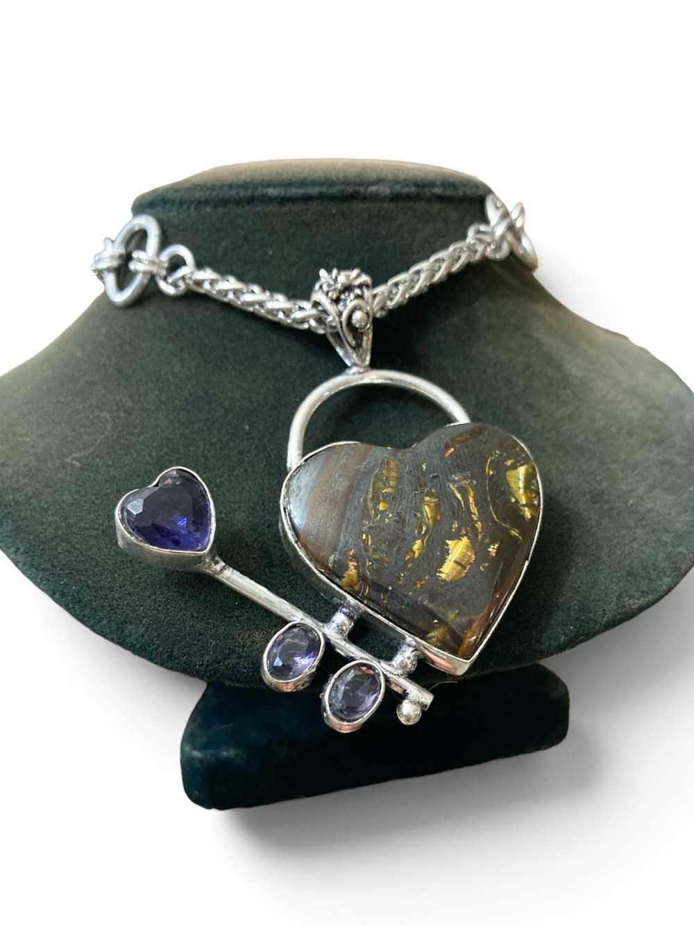 Genuine tiger eye gemstones heart & purple amethyst arrow boho silver necklace .